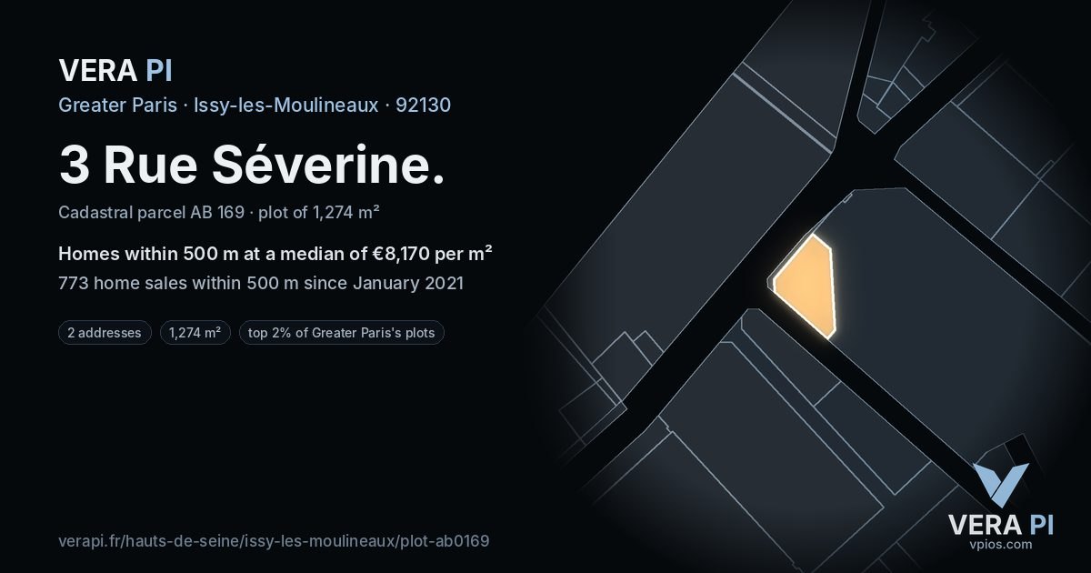3 Rue Séverine, Issy-les-Moulineaux at night – the plot lit, the parcels around coloured by the prices near them
