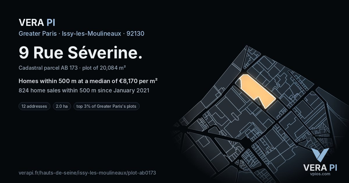 9 Rue Séverine, Issy-les-Moulineaux at night – the plot lit, the parcels around coloured by the prices near them