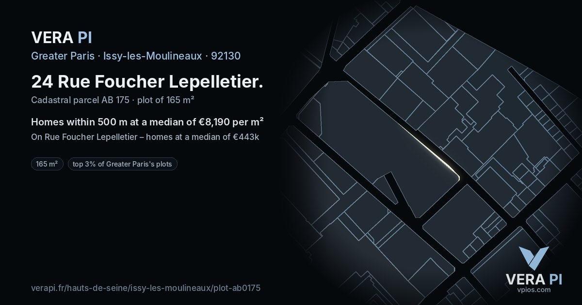 24 Rue Foucher Lepelletier, Issy-les-Moulineaux at night – the plot lit, the parcels around coloured by the prices near them