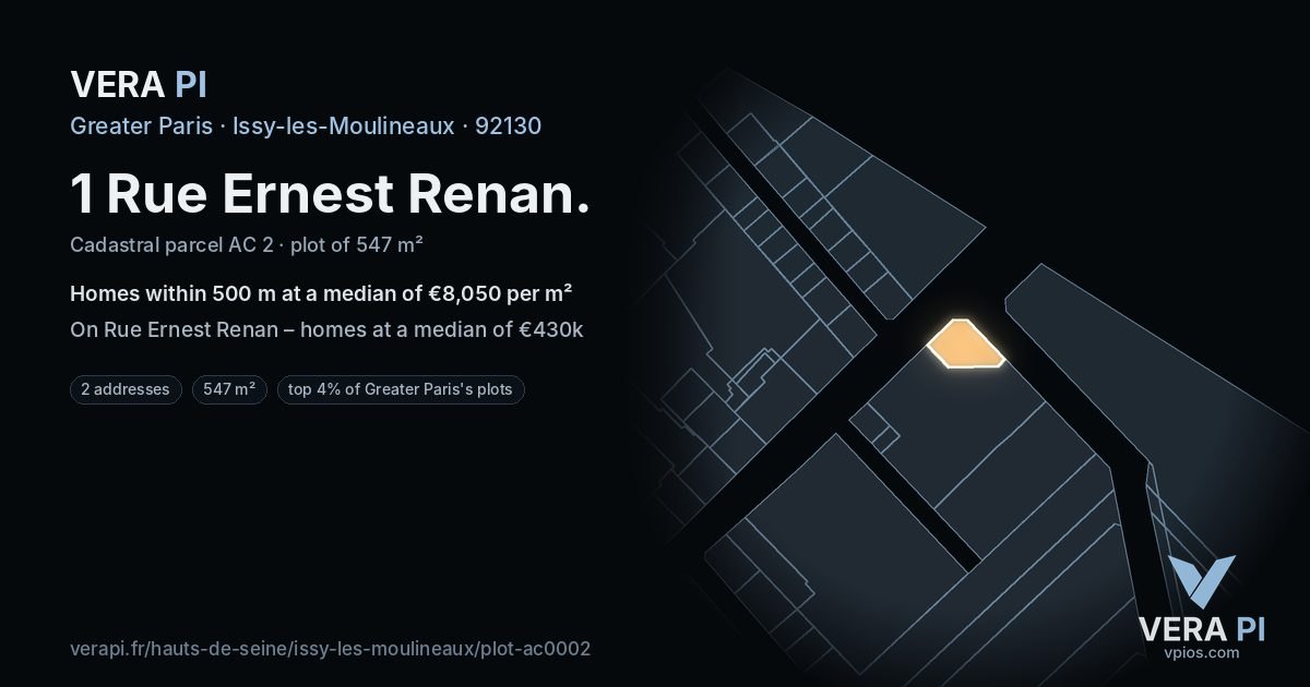 1 Rue Ernest Renan, Issy-les-Moulineaux at night – the plot lit, the parcels around coloured by the prices near them