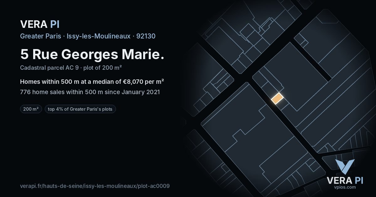 5 Rue Georges Marie, Issy-les-Moulineaux at night – the plot lit, the parcels around coloured by the prices near them