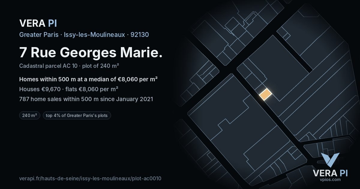7 Rue Georges Marie, Issy-les-Moulineaux at night – the plot lit, the parcels around coloured by the prices near them