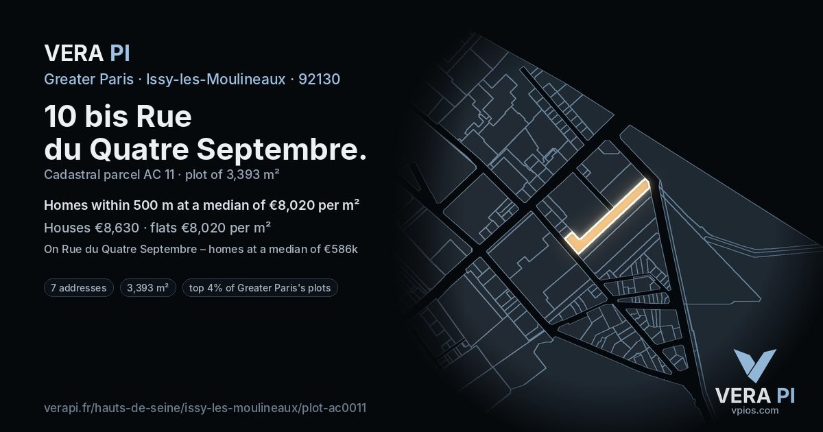 10 bis Rue du Quatre Septembre, Issy-les-Moulineaux at night – the plot lit, the parcels around coloured by the prices near them