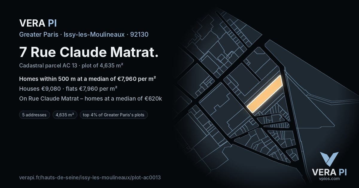 7 Rue Claude Matrat, Issy-les-Moulineaux at night – the plot lit, the parcels around coloured by the prices near them