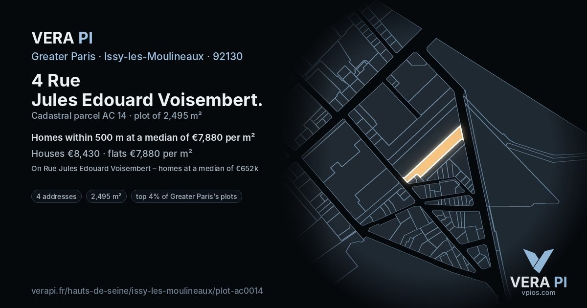 4 Rue Jules Edouard Voisembert, Issy-les-Moulineaux at night – the plot lit, the parcels around coloured by the prices near them