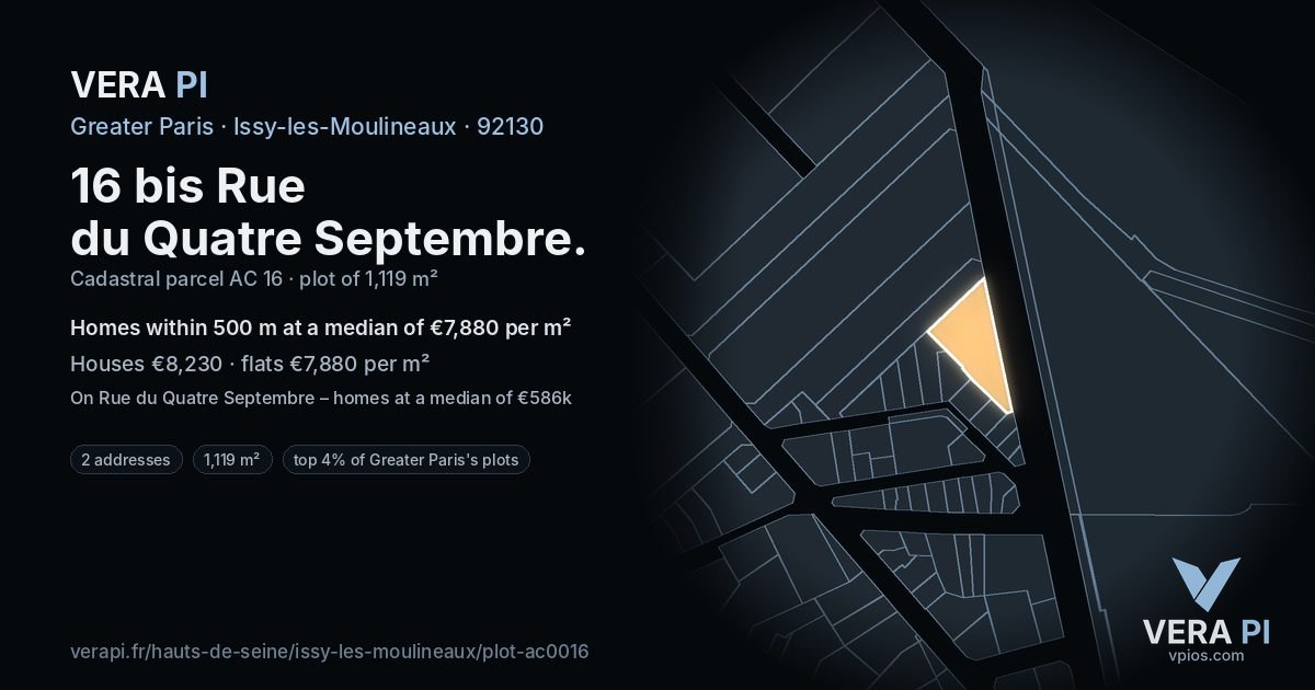 16 bis Rue du Quatre Septembre, Issy-les-Moulineaux at night – the plot lit, the parcels around coloured by the prices near them