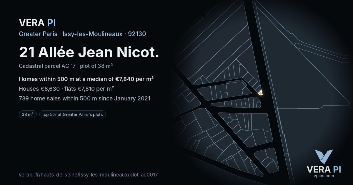 21 Allée Jean Nicot, Issy-les-Moulineaux at night – the plot lit, the parcels around coloured by the prices near them