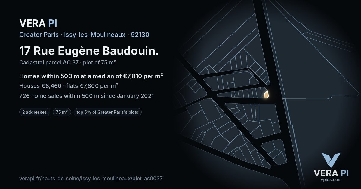17 Rue Eugène Baudouin, Issy-les-Moulineaux at night – the plot lit, the parcels around coloured by the prices near them