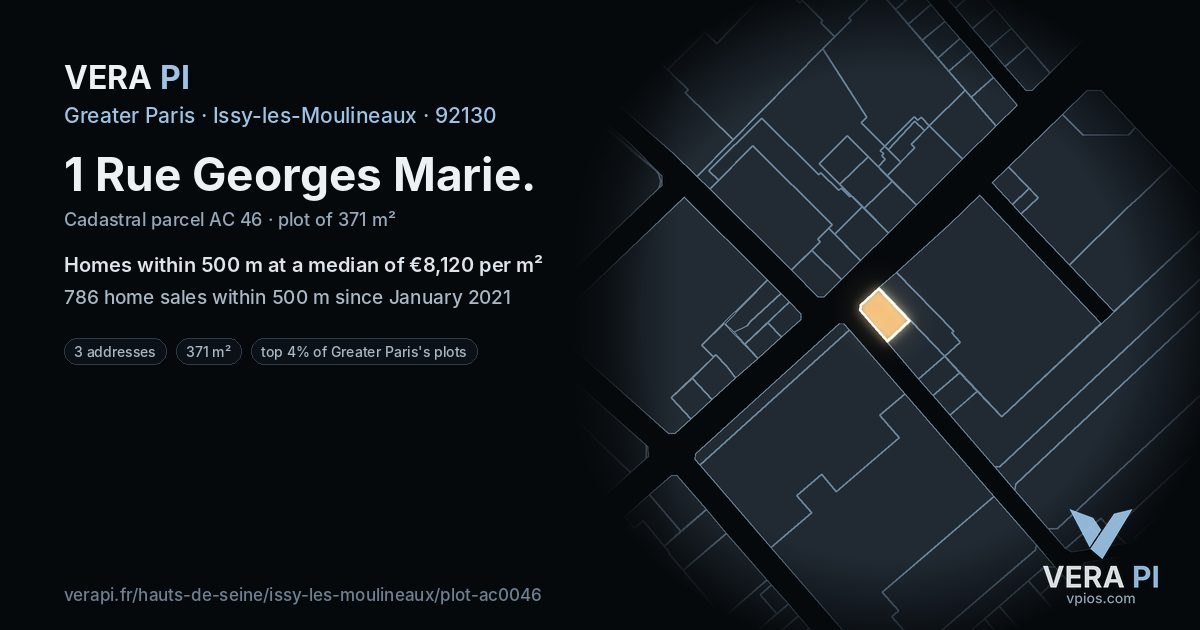 1 Rue Georges Marie, Issy-les-Moulineaux at night – the plot lit, the parcels around coloured by the prices near them