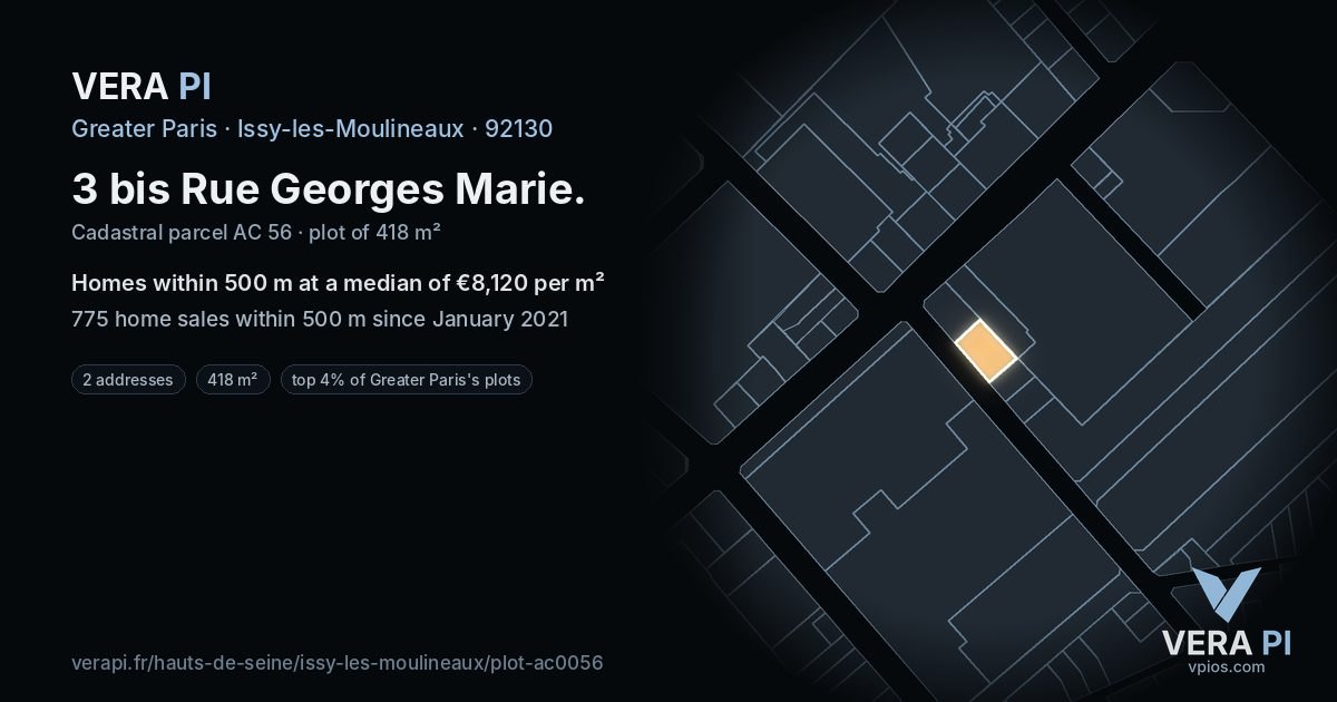 3 bis Rue Georges Marie, Issy-les-Moulineaux at night – the plot lit, the parcels around coloured by the prices near them