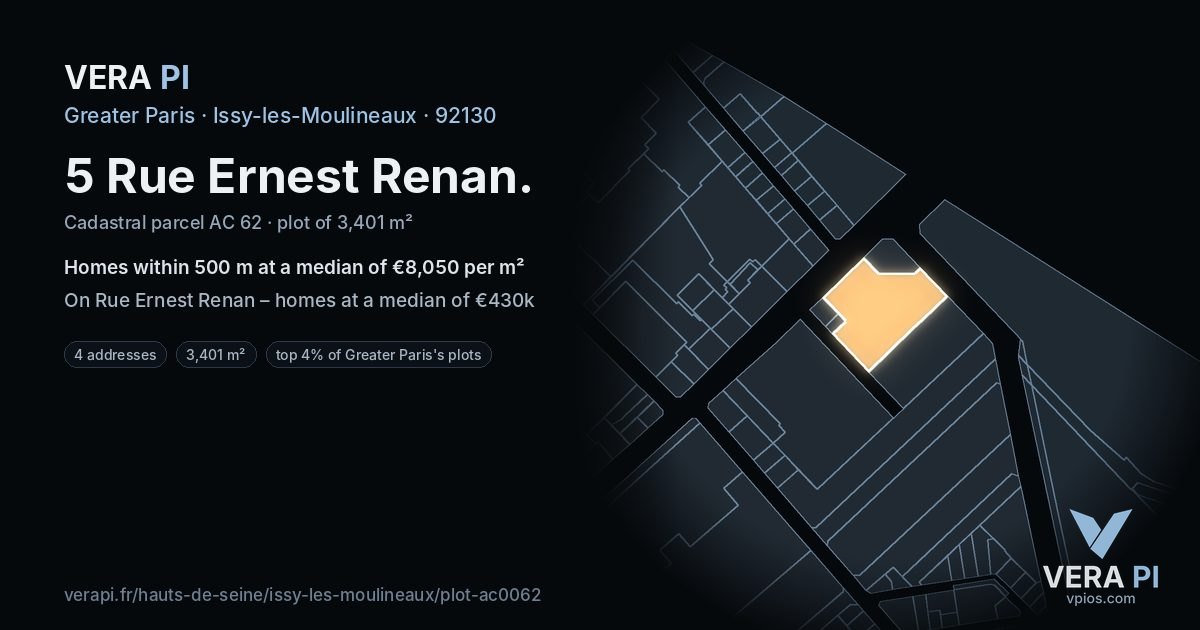 5 Rue Ernest Renan, Issy-les-Moulineaux at night – the plot lit, the parcels around coloured by the prices near them