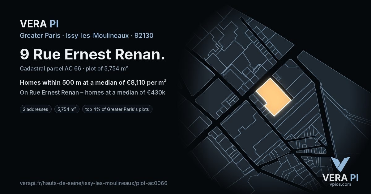 9 Rue Ernest Renan, Issy-les-Moulineaux at night – the plot lit, the parcels around coloured by the prices near them