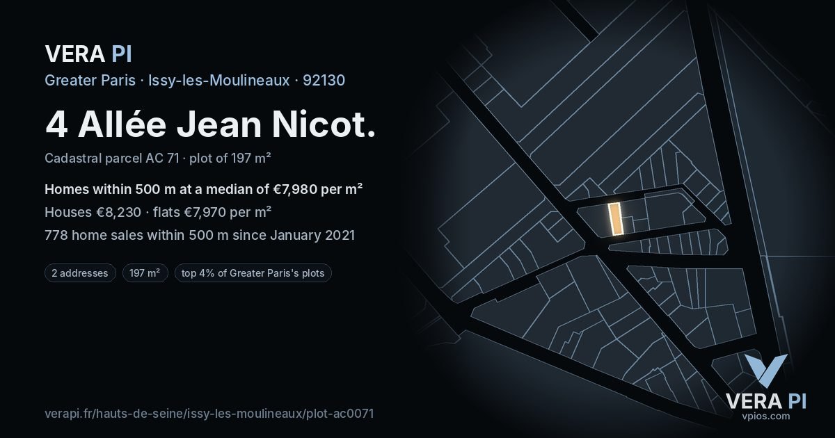 4 Allée Jean Nicot, Issy-les-Moulineaux at night – the plot lit, the parcels around coloured by the prices near them