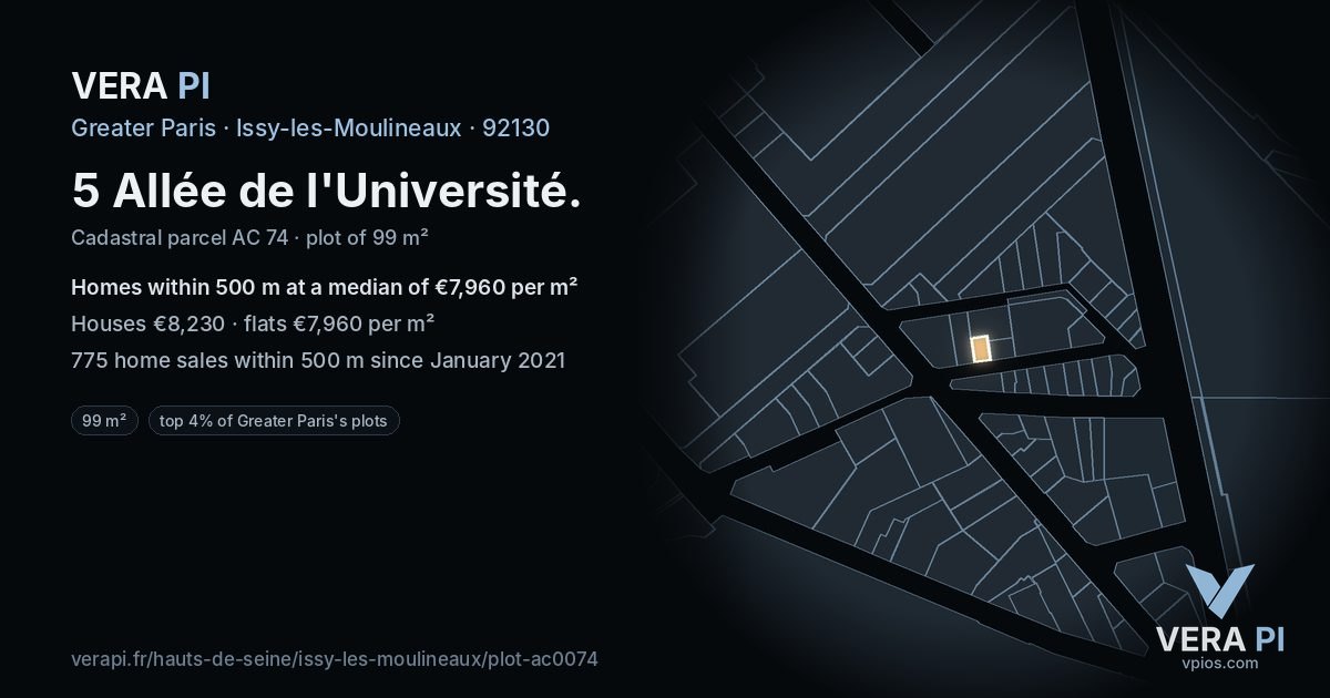 5 Allée de l'Université, Issy-les-Moulineaux at night – the plot lit, the parcels around coloured by the prices near them