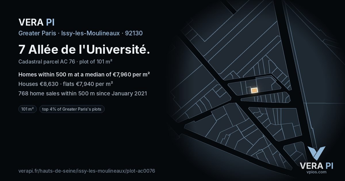 7 Allée de l'Université, Issy-les-Moulineaux at night – the plot lit, the parcels around coloured by the prices near them