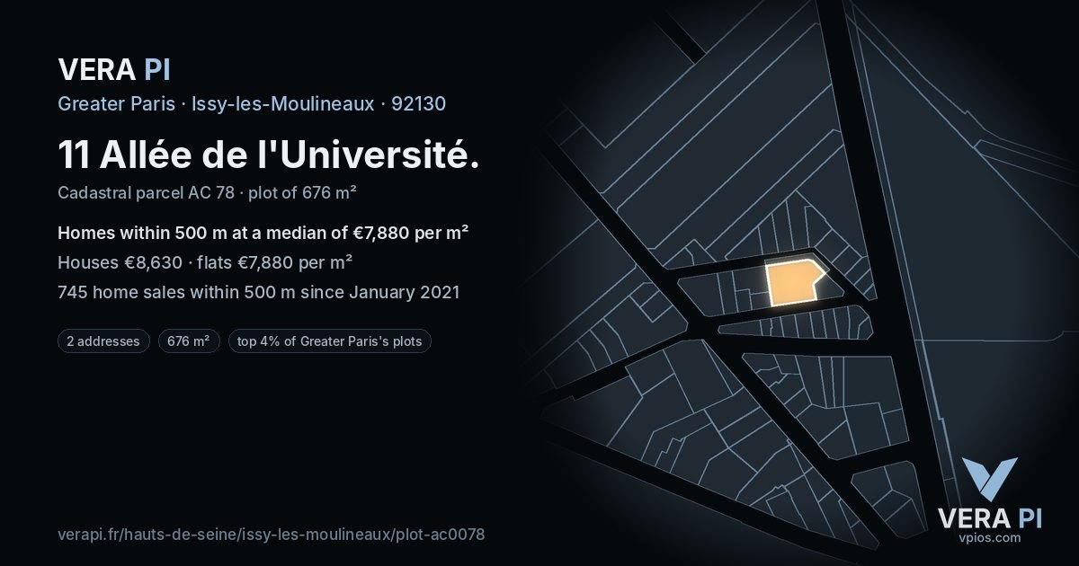 11 Allée de l'Université, Issy-les-Moulineaux at night – the plot lit, the parcels around coloured by the prices near them