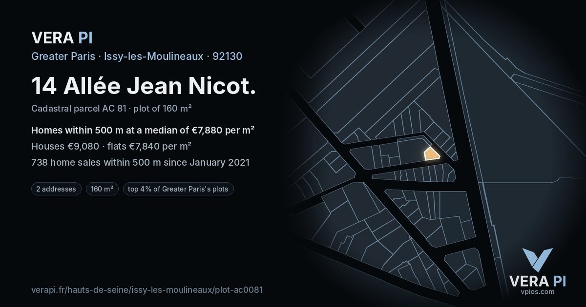 14 Allée Jean Nicot, Issy-les-Moulineaux at night – the plot lit, the parcels around coloured by the prices near them