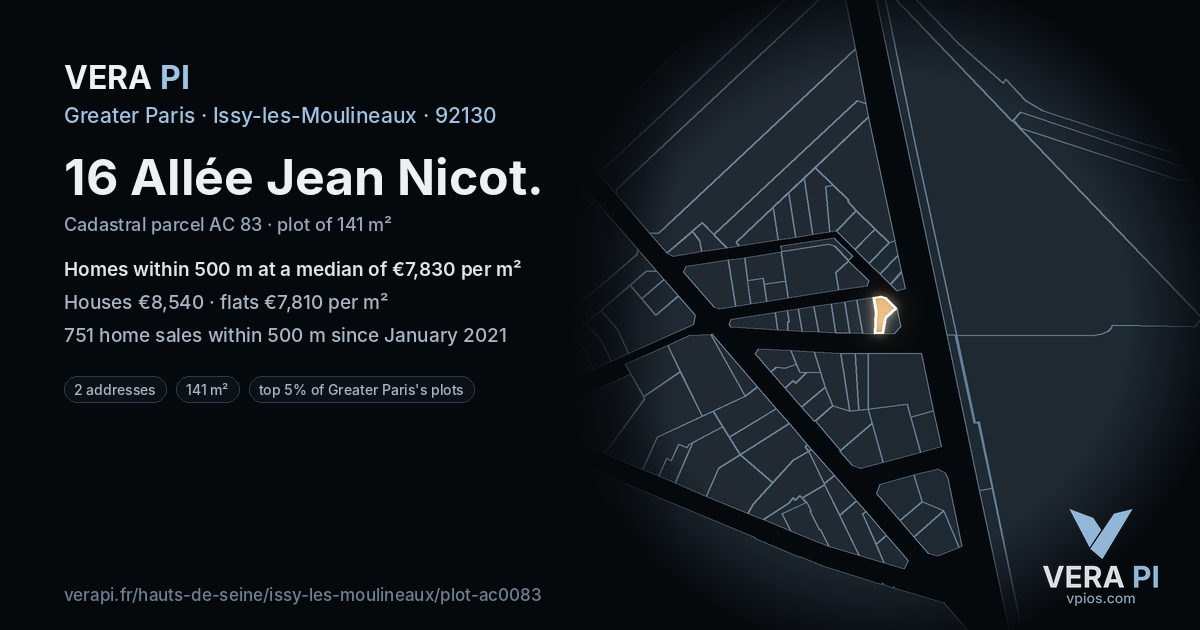 16 Allée Jean Nicot, Issy-les-Moulineaux at night – the plot lit, the parcels around coloured by the prices near them