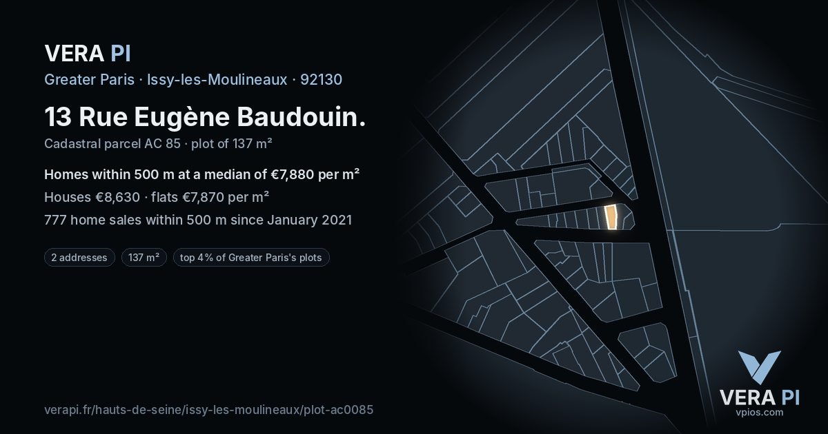 13 Rue Eugène Baudouin, Issy-les-Moulineaux at night – the plot lit, the parcels around coloured by the prices near them