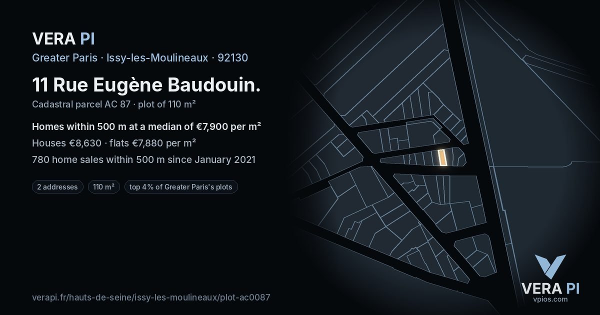 11 Rue Eugène Baudouin, Issy-les-Moulineaux at night – the plot lit, the parcels around coloured by the prices near them