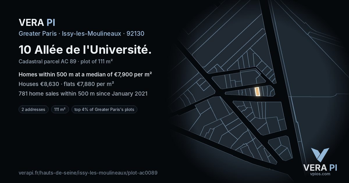 10 Allée de l'Université, Issy-les-Moulineaux at night – the plot lit, the parcels around coloured by the prices near them