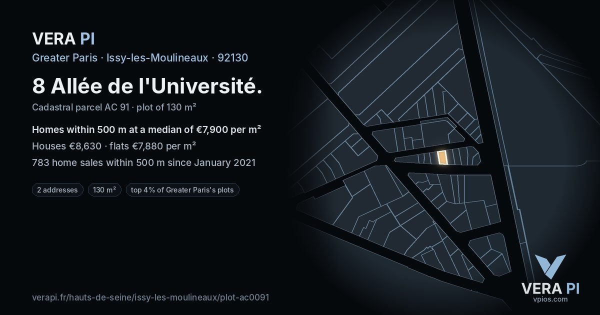 8 Allée de l'Université, Issy-les-Moulineaux at night – the plot lit, the parcels around coloured by the prices near them