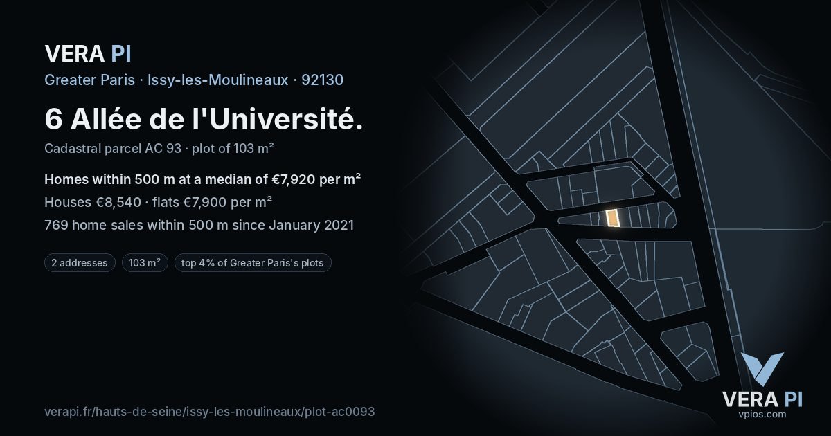 6 Allée de l'Université, Issy-les-Moulineaux at night – the plot lit, the parcels around coloured by the prices near them