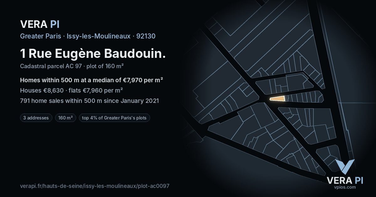 1 Rue Eugène Baudouin, Issy-les-Moulineaux at night – the plot lit, the parcels around coloured by the prices near them