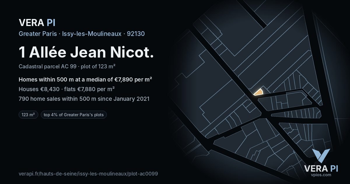 1 Allée Jean Nicot, Issy-les-Moulineaux at night – the plot lit, the parcels around coloured by the prices near them