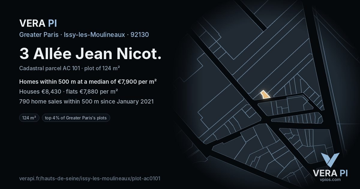 3 Allée Jean Nicot, Issy-les-Moulineaux at night – the plot lit, the parcels around coloured by the prices near them