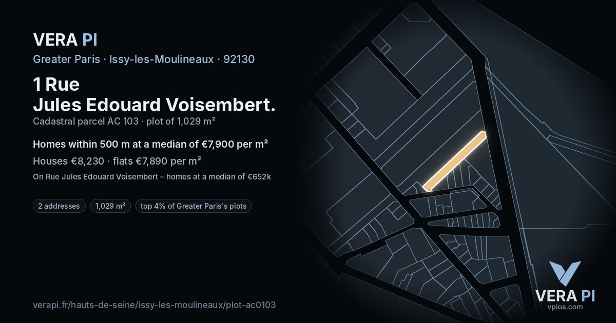 1 Rue Jules Edouard Voisembert, Issy-les-Moulineaux at night – the plot lit, the parcels around coloured by the prices near them
