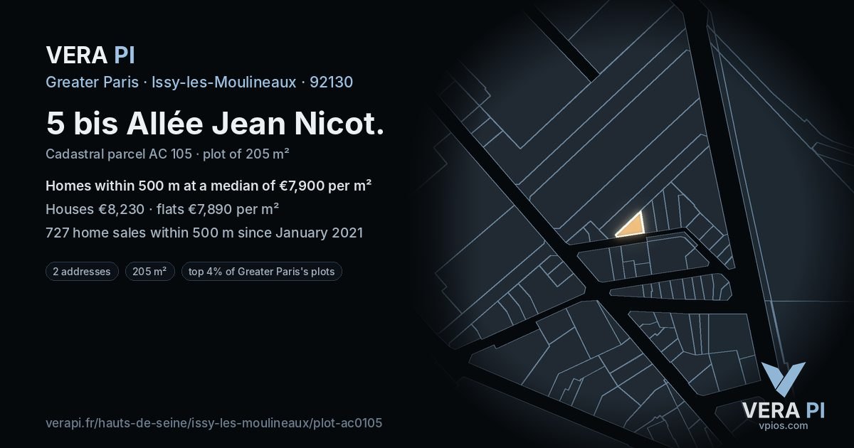 5 bis Allée Jean Nicot, Issy-les-Moulineaux at night – the plot lit, the parcels around coloured by the prices near them