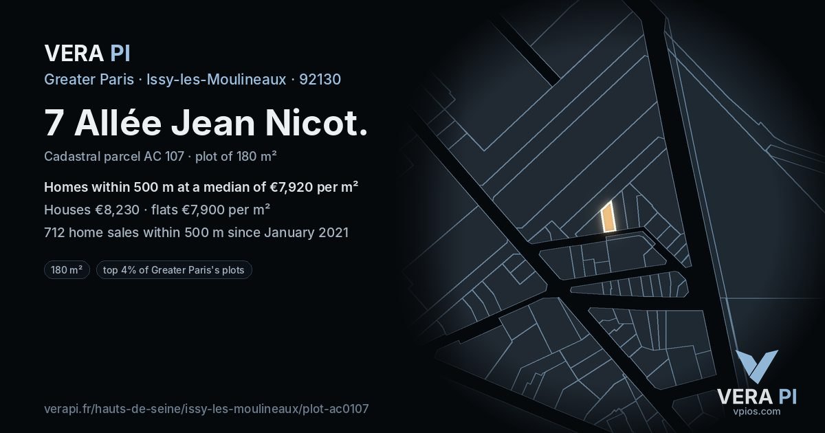 7 Allée Jean Nicot, Issy-les-Moulineaux at night – the plot lit, the parcels around coloured by the prices near them