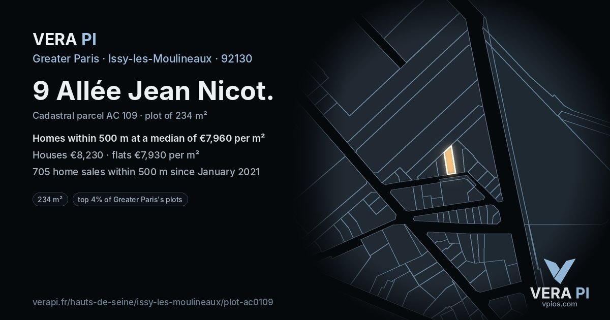 9 Allée Jean Nicot, Issy-les-Moulineaux at night – the plot lit, the parcels around coloured by the prices near them