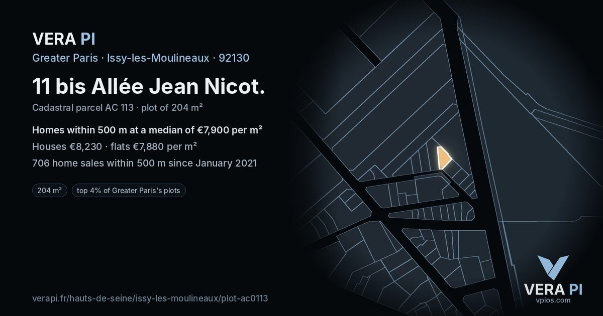11 bis Allée Jean Nicot, Issy-les-Moulineaux at night – the plot lit, the parcels around coloured by the prices near them
