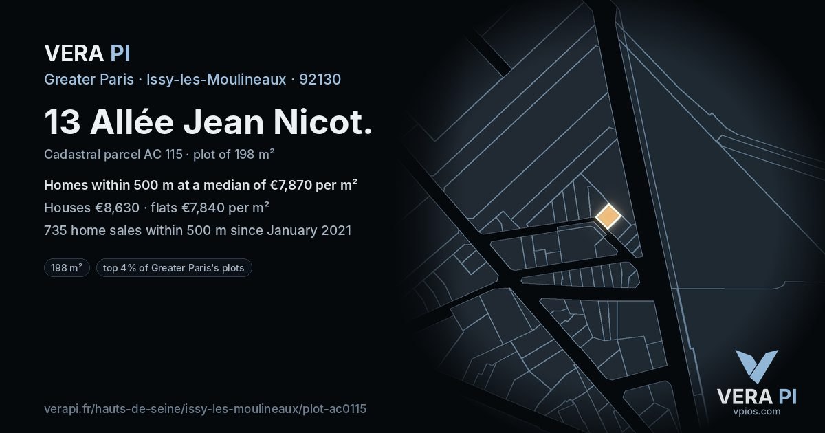 13 Allée Jean Nicot, Issy-les-Moulineaux at night – the plot lit, the parcels around coloured by the prices near them