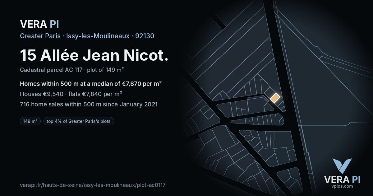 15 Allée Jean Nicot, Issy-les-Moulineaux at night – the plot lit, the parcels around coloured by the prices near them