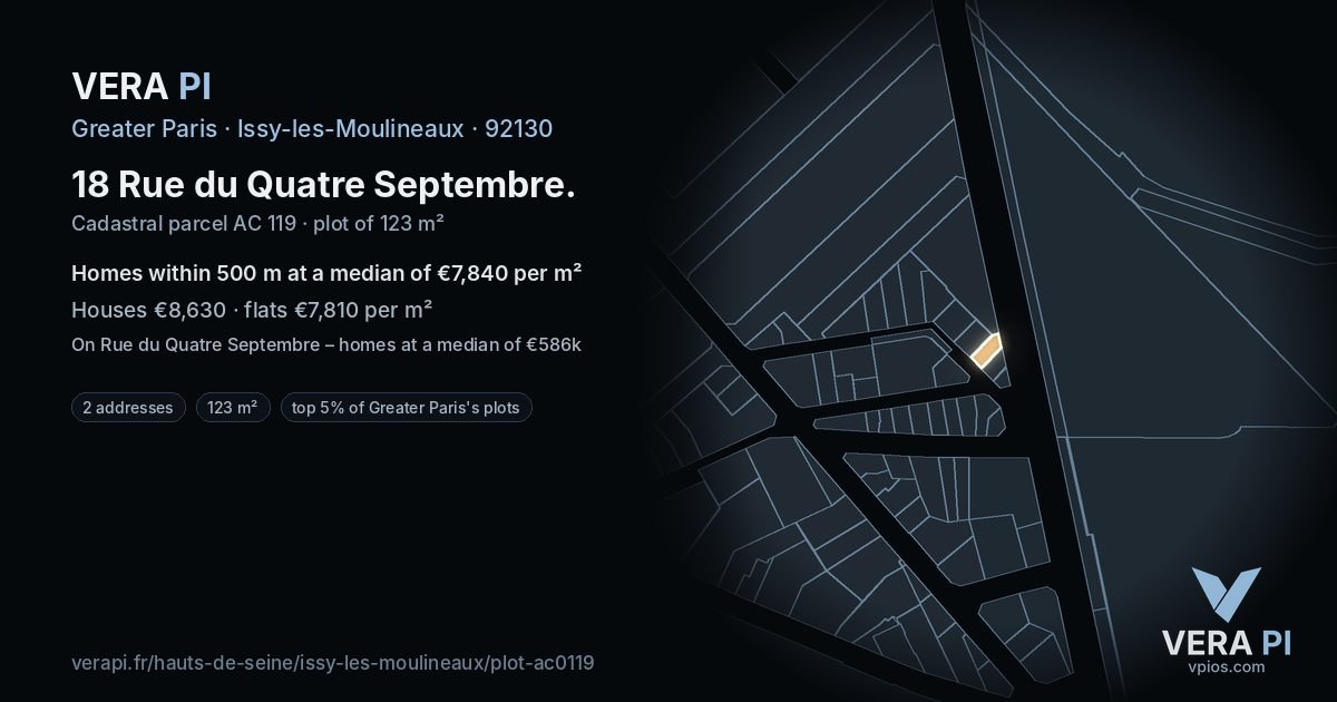 18 Rue du Quatre Septembre, Issy-les-Moulineaux at night – the plot lit, the parcels around coloured by the prices near them