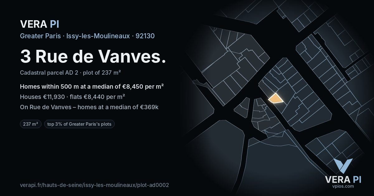 3 Rue de Vanves, Issy-les-Moulineaux at night – the plot lit, the parcels around coloured by the prices near them