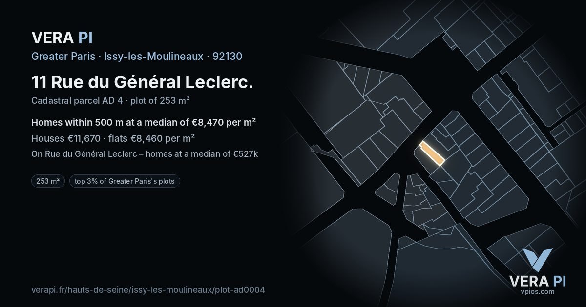 11 Rue du Général Leclerc, Issy-les-Moulineaux at night – the plot lit, the parcels around coloured by the prices near them