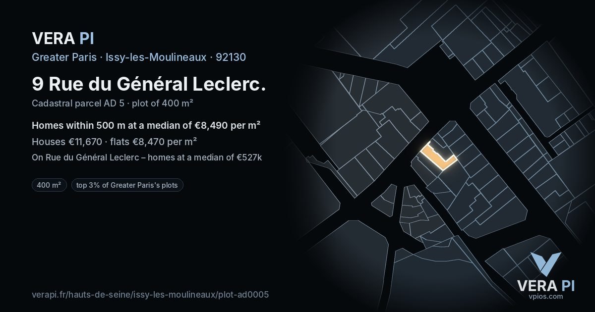 9 Rue du Général Leclerc, Issy-les-Moulineaux at night – the plot lit, the parcels around coloured by the prices near them