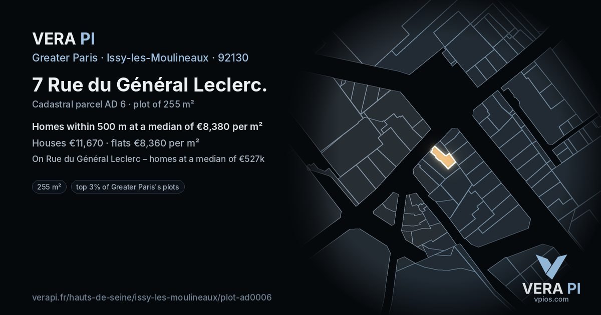 7 Rue du Général Leclerc, Issy-les-Moulineaux at night – the plot lit, the parcels around coloured by the prices near them