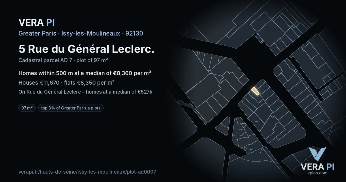 5 Rue du Général Leclerc, Issy-les-Moulineaux at night – the plot lit, the parcels around coloured by the prices near them