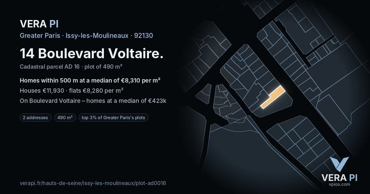 14 Boulevard Voltaire, Issy-les-Moulineaux at night – the plot lit, the parcels around coloured by the prices near them