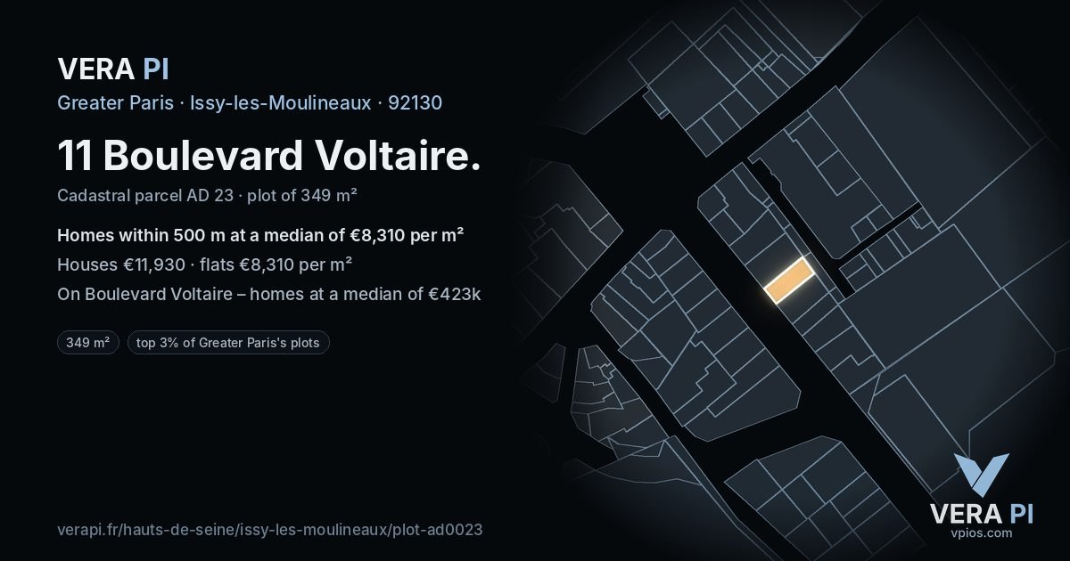 11 Boulevard Voltaire, Issy-les-Moulineaux at night – the plot lit, the parcels around coloured by the prices near them