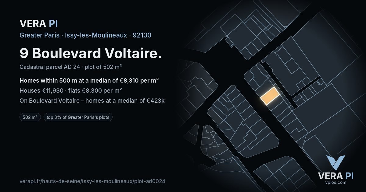 9 Boulevard Voltaire, Issy-les-Moulineaux at night – the plot lit, the parcels around coloured by the prices near them