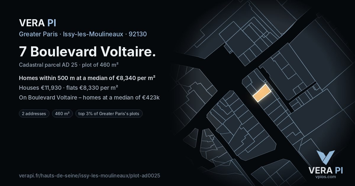 7 Boulevard Voltaire, Issy-les-Moulineaux at night – the plot lit, the parcels around coloured by the prices near them