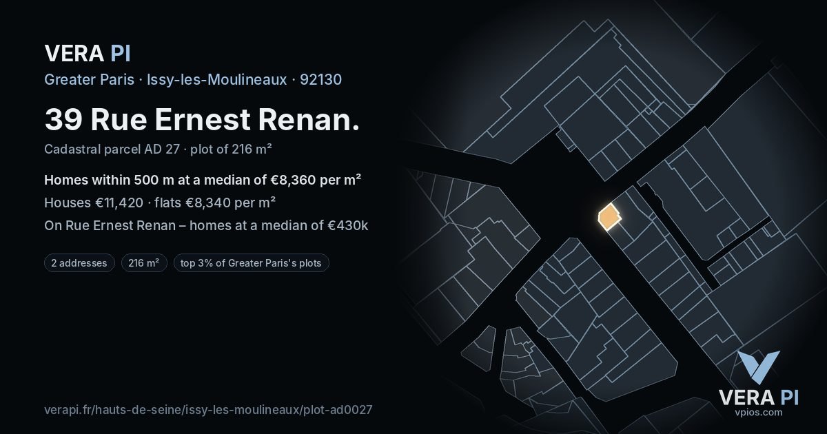 39 Rue Ernest Renan, Issy-les-Moulineaux at night – the plot lit, the parcels around coloured by the prices near them