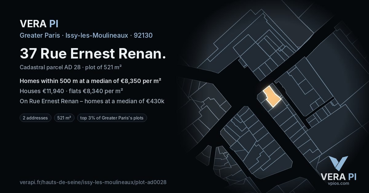 37 Rue Ernest Renan, Issy-les-Moulineaux at night – the plot lit, the parcels around coloured by the prices near them