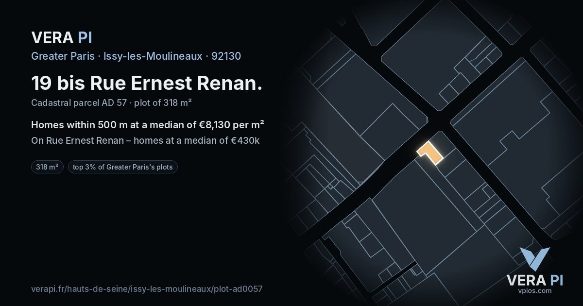 19 bis Rue Ernest Renan, Issy-les-Moulineaux at night – the plot lit, the parcels around coloured by the prices near them